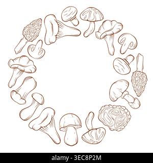 Mushroom frame in line art style. Botanical illustration with wild fungi species. Forest harvest decorative element for autumn design. Stock Vector