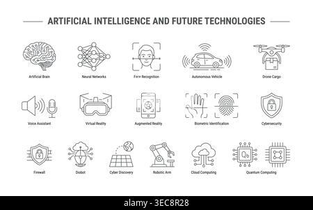 Artificial intelligence and future technology thin line icon set, digital innovation Stock Vector