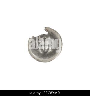 denarius - bracteate; triangular shield with a cross whose arms reach the shield's edge; on the shield, on the extension of the cross's arms, one ball; three balls on both sides of and above the shield; shields; balls; one-sided coin; Teutonic Knights (order); maker: Jan Szymoński (1887–1954); ca. 1307/1308–ca. 1317/1318; State of the Teutonic Order (1226–1525); coin (one-sided); diameter 15.1 mm; weight 0.21 g, A round, shallow dish with a broken rim is centered on a white background; the dish appears made of a dull, gray material with darker gray shading and lighter gray highlights forming a Stock Photo