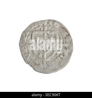 Teutonic szeląg, Paul von Russdorf (Grand Master; 1422–1441). Obverse: Monastic shield of the Grand Master with a cross whose elongated, widening arms divide the rim legend and reach the outer rim; a dot above the upper right field of the shield; rim between pearly borders bears an inscription. Reverse: Monastic shield with a cross with elongated arms dividing the rim legend and reaching the outer rim; a dot above the upper right field of the shield; rim between pearl borders bears an inscription. Date: 1425–1441. State of the Teutonic Order (1226–1525). Toruń. Coin; diameter 20 mm; weight Stock Photo