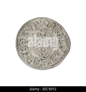 Teutonic szeląg, Henryk Reuss von Plauen (Grand Master; 1467–1469). Obverse: monastic shield of the Grand Master (iconographic). Reverse: monastic shield. On the rim, between the pearl borders, the inscription; in the rim between the pearl borders the date 1467–1469. State of the Teutonic Order (1226–1525), Königsberg. Coin, diameter 21.4–21.6 mm, weight 1.10 g, axis 100°., A worn round coin with a textured surface showing a central shield-like emblem and decorative raised patterns around its edge, displaying a mottled mix of gray, silver, and off-white tones with darker gray spots and Stock Photo