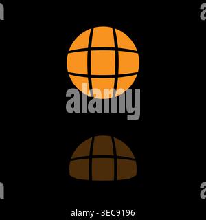 Orange globe icon. World sphere Vector. Grid planet symbol. Dark background reflection. Stock Vector