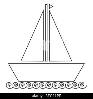 Sailboat outline drawing. Yacht water Vector symbol. Simple sea transport. Nautical wave element. Stock Vector
