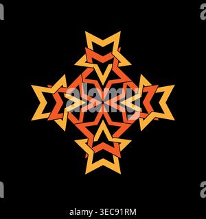 Geometric star pattern. Orange fire ornament. Symmetrical Vector kaleidoscope. Dark black background. Stock Vector