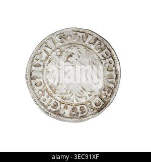 Teutonic groschen, Albrecht Hohenzollern (prince in Prussia; Grand Master; 1490–1568). Obverse: Brandenburg eagle with the Hohenzollern shield on its chest; on the rim between the pearly borders an inscription. Reverse: monastic shield of the Grand Master with a cross whose elongated, widening arms divide the rim legend and reach the outer rim; in the rim between the pearl borders an inscription. Hohenzollern coat of arms; Teutonic Knights (order). 1515. State of the Teutonic Order (1226–1525), Königsberg. Coin; diameter 21.1 mm; weight 1.60 g; axis 135°., A circular metallic object with a Stock Photo