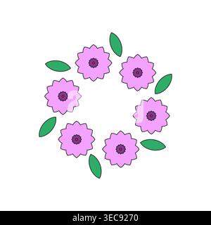 Pink flower wreath. Green leaf circle. Simple nature Vector border. Spring blossom garland. Stock Vector