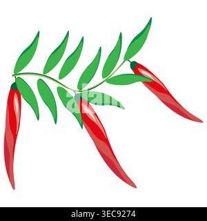 Piquant chili Vector. Spicy pepper collection. Red hot vegetable. Beautiful natural green leaves. Stock Vector