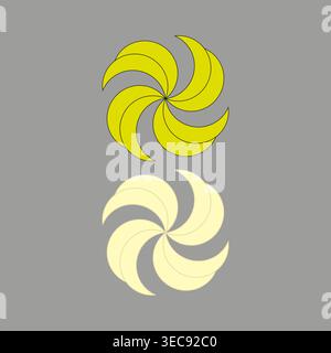 Yellow abstract flower. Swirling petals Vector shape. Floral ornament mirror. Gray background illustration. Stock Vector