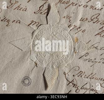 Round seal impression of the city of Brześć Kujawski. In the rim an equal-armed cross. The rim inscription is illegible. City seal of Brześć Kujawski; seals with coats of arms; official/document seal. 1790, Poland. Maker: Żurakowski, Witold (?-1927). Culture + 2014/2015 — visual documentation., A close-up of a textured off-white paper with a raised circular embossed seal made from the same paper, surrounded by petal-like cutouts; the seal and cutouts show slight creases and small tears with some faint brownish stains at a few edges. The background paper has a fibrous texture and scattered Stock Photo