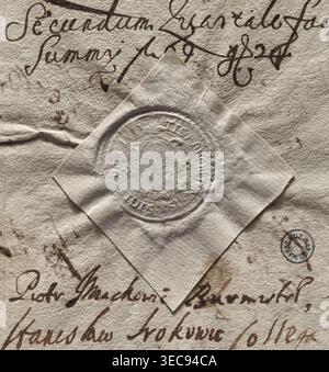 Round seal impression of the town of Raków. Oval cartouche with an illegible drawing of a crayfish (Warnia coat of arms); cartouche decorations interrupt the rim inscription in two places. In the rim, an inscription: * SIGILLUM CIVIT/ATIS RAKOVIENSIS. 1673. Poland. Seal. Maker: Witold Żurakowski (?-1927), A close-up of textured off-white paper with a diamond-shaped piece of lighter paper affixed near the center; the lighter paper bears an embossed circular seal with raised concentric rings and a faint central motif. Around the affixed piece the background paper shows flowing cursive ink Stock Photo