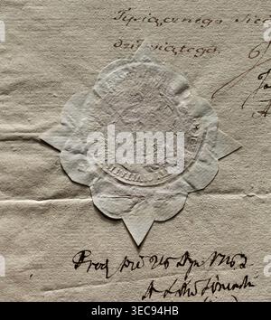 Round impression of the seal of the City of Warsaw. The drawing in the palm branch cartouche is illegible. The inscription in the rim is partly illegible: ICY, ANNITI CIVITATIS S . R . M ., ., 1789. Poland. Seal (stamp)., An off-white textured sheet with an embossed floral-shaped seal affixed near the center, the seal appearing pale white and slightly raised with scalloped edges and a pointed extension at the bottom; the paper shows a few fold lines and creases and has a worn, fibrous surface in beige and light tan tones; there is a group of dark brown ink markings and cursive strokes near the Stock Photo