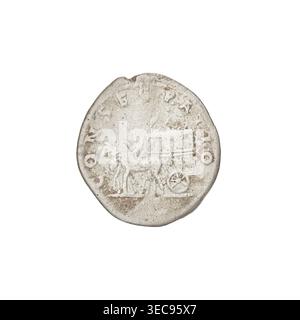 Denarius of Marcianna (Trajan's sister; during Trajan's reign 98–117). Obverse: bust of Marcianna right, hair tied with a necklace, topped with a jewel; rim inscription 'AUGUSTA MARCIANA.' Reverse: carpentum (two-wheeled cart) drawn by two mules left; rim inscription 'CONSECRATIO.' Date: 113. Roman Empire (27 BC–476). Coin, weight 2.69 g., A round, worn object with an uneven edge in shades of light gray, off-white, and muted brown sits against a white background; its surface shows shallow relief imagery including a silhouette of a horse beside a cart with a visible wheel and a few human-like Stock Photo