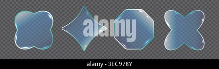 Four glossy, translucent blue shapes on transparent background. Each has rounded edges and soft highlights. Looks like abstract gems or decorative ele Stock Vector