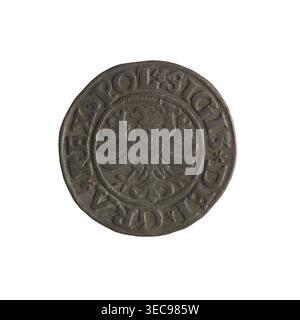 Gdańsk szeląg, Sigismund I the Old (King of Poland; 1506–1548); Polish coin (1531). Obverse: Eagle of Royal Prussia; in the rim between pearl-shaped borders the inscription: .SIGIS.DEI.GRA.REX.POL. Reverse: Coat of arms of Gdańsk; in the rim between pearl-shaped borders the inscription: .MONE.CIVI.DANCZ.1531. Gdańsk, Poland., A round metallic object with a worn, textured surface showing a raised central emblem resembling a stylized bird with outstretched wings, surrounded by a raised circular border and an outer ring of raised decorative elements and shapes; the object appears mostly dark gray Stock Photo