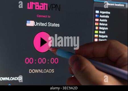 New York, USA - April 29, 2026: Make new vpn connection in UrbanVPN on computer screen close up view Stock Photo