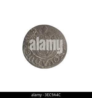 One-and-a-half, Ernest Pfahler; Wiślica hoard; obverse: under the ducal mitre a five-field coat of arms, below in the shield a value numeral 3; in the rim between the borders an inscription divided by the mitre and the value numeral, ending with a heart GEWIMAR - BRSRIEL. Reverse: royal orb with a cross with arms ending in finials; in the lower part of the apple the numerals of the value 24; on the sides of the cross the date numerals 2 - 4; in the rim between the borders an inscription divided by a cross, ENOVADVCPRVS, 1624. Ducal Prussia (1525–1701), Königsberg; coin; diameter 19.3 mm; Stock Photo