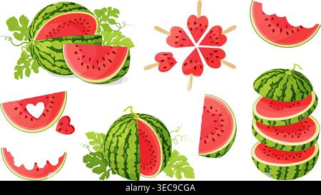 Watermelon set with whole fruits, halves, slices, heart cut, and leaves. Hand drawn flat style. Fresh summer illustration isolated. For summer designs, food packaging, menus, posters, textiles. Stock Vector