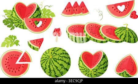 Watermelon set with whole fruits, halves, slices, heart cut, and leaves. Hand drawn flat style. Fresh summer illustration isolated. For summer designs, food packaging, menus, posters, textiles. Stock Vector