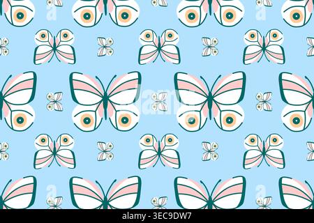 Seamless pattern with white butterflies on blue, flying in a checkerboard pattern Stock Vector