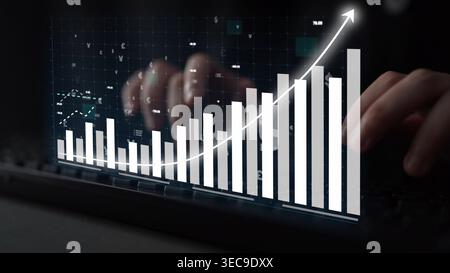 This stock photo illustrates data analysis and business growth through visual graphs and charts on a digital screen, symbolizing financial progress an Stock Photo