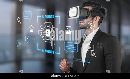 Business professional using virtual reality technology to explore artificial intelligence concepts and applications in a modern office environment Glu Stock Photo