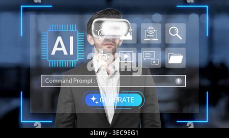 Futuristic man using augmented reality interface with AI features and options for generating content in a modern business environment Gluon. Stock Photo