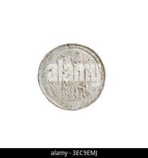 Denarius (royal type) of Bolesław II the Bold (King of Poland; reign 1058–1079). Obverse: Crowned bust of the king facing left, sword in hand, with sign +Z behind the ruler's head. Reverse: Church topped with three domes; a dot and a cross in front of the church. Date: 1076–1079. Origin: Kraków, Poland. Coin; weight 0.71 g; axis 90 degrees., A round, weathered object with a rough, pitted surface in shades of pale gray, off-white, and light tan sits against a white background; the object shows worn, low-relief shapes and irregular raised areas suggesting a textured pattern, with a slightly Stock Photo