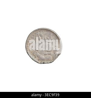 Denarius (royal type) of Bolesław II the Bold (King of Poland, reign 1058–1079). Royal type with swords, crowns, and busts. Obverse: Crowned bust of the king facing left, sword in hand; behind the ruler's head the sign '+Z'. Reverse: Church topped with three domes; dots in front of and behind the church above the roofline; on the roofline a vertical line and below it a cross. Date: 1076–1079. Origin: Poland, Kraków. Coin; weight 0.57 g; axis 315°., A small circular object with a weathered, textured surface in shades of gray, beige, and muted brown, showing a raised rim and a dotted border Stock Photo