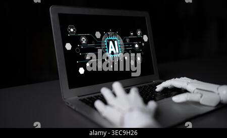 Futuristic Digital Concept with Robotic Hand Typing on Laptop Showcasing Artificial Intelligence Interface and Technologies Fluxor. Stock Photo