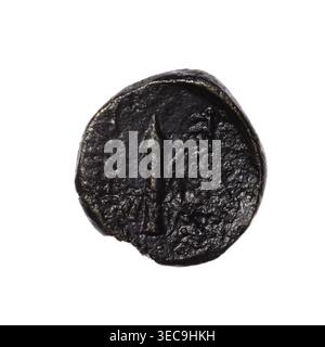 bronze coin, Pantikapaion; head of Apollo (iconographic) in laurel wreath facing right (obverse); quiver with strap on the left and bow on the right, inscription in two columns on the sides (obverse); Apollo (mythology); bows, quivers, weapons, armament (iconographic); 2nd half of the 1st century BC; Cimmerian Bosporus; coin; weight 6.87 g; dimensions 19.5 mm × 19.2 mm, A round dark object with a rough textured surface, mostly black with hints of dark brown and slight metallic sheen, showing a raised vertical element with a conical top at its center and irregular edges with small indentations, Stock Photo
