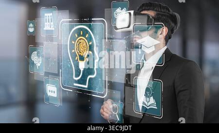 Businessman Using Virtual Reality Technology to Access Innovative Ideas and Learning Concepts in a Modern Digital Workspace Sigmoid Stock Photo