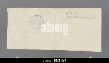 Personal receipt of a compulsory loan; receipts, securities; January Uprising (1863–1864); National Government, Kingdom of Poland (1815–1918); loans. Personal receipt without name and amount, bearing the number 661 and a handwritten inscription 'for the account of the compulsory loan.' On the reverse, an ink stamp reading 'KOMMISSARZ PEŁNOMO: WOJEW: KRAKOWSKIEGO' with the coat of arms of the January Uprising. 1863, Poland. Security/receipt. Dimensions: 1178 × 283 mm., A rectangular off-white sheet with visible creases and slightly worn edges lies against a flat gray background; the sheet shows Stock Photo