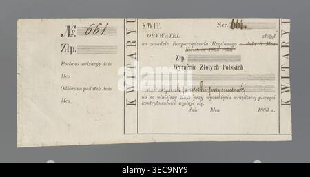 Personal receipt of a compulsory loan; receipts, securities; January Uprising (1863–1864); National Government; Kingdom of Poland (1815–1918); loans. Personal receipt without name and amount written on it, bearing the number 661 and a handwritten inscription 'for the account of the compulsory loan.' On the reverse, an ink stamp with the inscription 'KOMMISSARZ PEŁNOMO: WOJEW: KRAKOWSKIEGO' and the coat of arms of the January Uprising. 1863, Poland. Security/receipt. Dimensions: 1178 × 283 mm., A rectangular off-white paper document with worn edges set against a gray background, showing printed Stock Photo