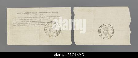 Receipt and notification of the National Government; securities; registered receipt; January Uprising (1863–1864); National Government, Kingdom of Poland (1815–1918). On green paper with diagonal white checkered pattern the inscription: 'KWIT No 67561. CITIZEN Orphan Teofil submitted pursuant to the Government regulation of 8 April 1863 // 48 złoty // Clearly Polish złoty // forty-eight.' Handwritten signature: Secretary of the Academy: Duch. Second part torn off. 'AVIZACYA No. 67561. THE NATIONAL GOVERNMENT notifies the Orphan Citizen T. that the one-time national tax according to the Stock Photo