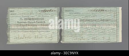 Receipt and notification of the National Government; securities, receipts; January Uprising (1863–1864); National Government, Kingdom of Poland (1815–1918). On green paper with diagonal white checkered pattern the inscription: 'KWIT No. 67561. CITIZEN Orphan Teofil submitted pursuant to the Government regulation of 8 April 1863 // 48 złoty // Clearly Polish złoty // forty-eight.' Handwritten signature: Secretary of the Academy: Duch. Second part torn off. 'AVIZACYA No. 67561. THE NATIONAL GOVERNMENT notifies the Orphan Citizen T. that the one-time national tax according to the schedule is Stock Photo