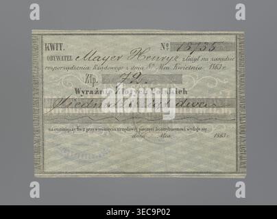 Personal receipt of the National Government, receipts, securities, National Government, personal receipts, January Uprising (1863–1864), Kingdom of Poland (1815–1918), Personal receipt no. 18735 of the National Government issued for 72 złoty in the name of Mayer Henryk on April 8, 1863. Green background with a diagonal white check. 1863, Poland, security, receipt. Dimensions 1.95 mm × 2.67 mm., The image shows a rectangular paper document with a patterned background in pale blue and off-white, bordered by thin dark lines; there is dark gray and black printed and handwritten ink across the Stock Photo