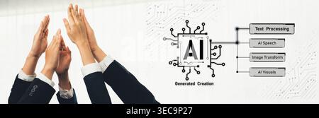 Hands raised in celebration represent teamwork and success. The image integrates concepts of AI, showcasing text processing, speech, image transform, Stock Photo