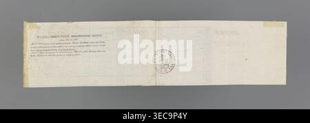 National tax receipt and advice for the National Government, securities and receipt related to the January Uprising (1863–1864). Nominal receipt and advice No. 64783 for the one-off tax of the National Victim; blank form with blue and white diagonal checkered background and white underprint, without the National Government seal on the face. On the reverse, the National Government seal with a two-field shield. 1863, Kingdom of Poland (1815–1918). Dimensions: 1287 mm × 271 mm., A long, narrow rectangular sheet of paper with a light off-white or cream color, laid flat against a gray background; Stock Photo