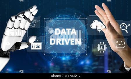 Data-driven decision-making empowers business through analytics, datum collection, and AI systems. Data driven tools support cloud data processing and Stock Photo