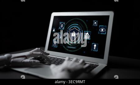 Robotic Hand Interacting with Laptop Screen Displaying Cybersecurity Symbols and Protection Concepts in a Dark Environment Quark. Stock Photo