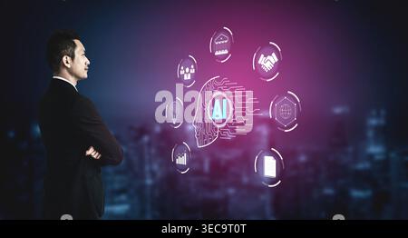 Businessman Analyzing Artificial Intelligence Technologies with Futuristic Graphics in a Dark Urban Background Quark. Stock Photo