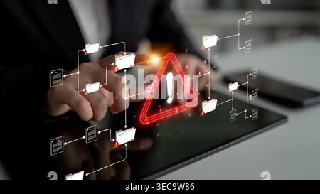 Digital Security Alert on Touchscreen Device Concept with Warning Symbol and Data Flow Diagrams Representing Cyber Threats and Vulnerabilities Sigmoid Stock Photo
