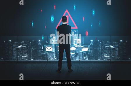Businessman Analyzing Digital Data Risk with Warning Sign in Front of City Scape Displaying Binary Code and Technology Icons Quark. Stock Photo