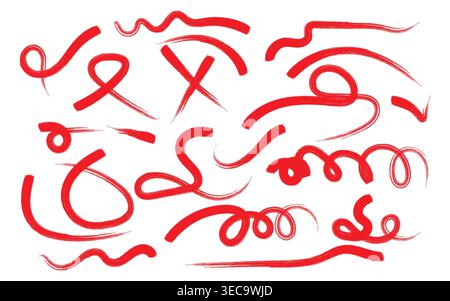Red artistic paint brush strokes set on white background Stock Vector