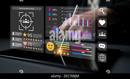 Explore a cutting-edge digital marketing analysis featuring interactive graphs and performance metrics on a touchscreen device, showcasing essential i Stock Photo