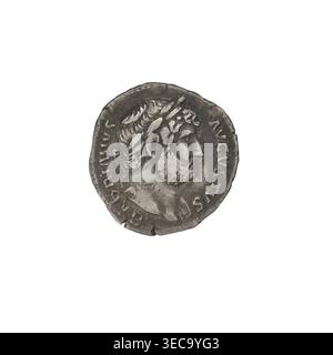 Denarius, Hadrian (76–138; Roman emperor 117–138). Obverse: head of Hadrian with laurel wreath facing right; rim inscription 'HADRIANVS AVGVSTVS.' Reverse: Pudicitia (personification) standing left, wearing a long dress and veil, holding the veil with her right hand, left arm along the body; rim inscription 'COS III.' 125–128 CE, Rome, Roman Empire (27 BCE–476 CE). Coin; weight 3.18 g., A single round metal coin with a worn surface showing a raised profile of a bearded man wearing a laurel wreath; the coin appears in shades of gray and dark gray with areas of lighter silver where the relief is Stock Photo