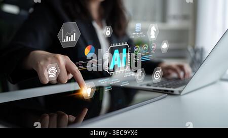 Futuristic Business Woman Using Touchscreen Technology with AI Elements while Working on Laptop in Modern Office Environment Fluxor. Stock Photo