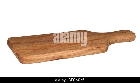 Empty vintage wooden cutting board shown from low angle, highlighting worn texture and natural surface. Isolated on white background, ideal for food m Stock Photo
