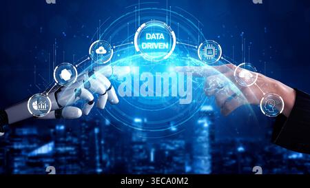 Data-driven decision-making empowers business through analytics, datum collection, and AI systems. Data driven tools support cloud data processing and Stock Photo