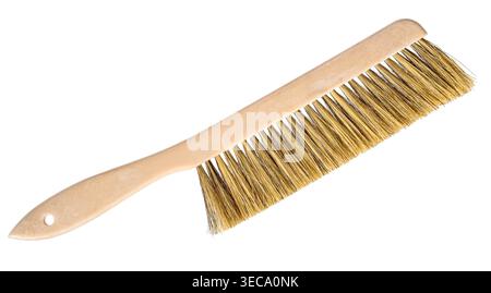 Wooden hand brush with dense natural bristles isolated on white background. Versatile cleaning tool suitable for household or workshop use Stock Photo